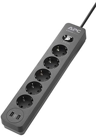 APC Surge Protector - PME5U2B-GR - Steckdosenleiste mit Überspannungsschutz (5-fach Stecker Schuko, schaltbar, 2 USB-Ladeausgänge - Farbe: schwarz)