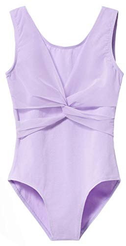 MdnMd Girls Gymnastic Ballet Dance Leotard Tank Mesh Cross Front (Purple, Age 10-12)