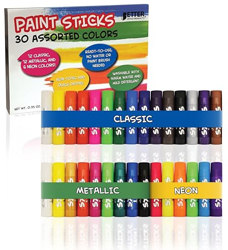 Better Office Products Solid Tempera Paint Sticks, 30 Pack, Fast Drying, No Brush or Water Needed, Washable, 30 Assorted Colors, 12 Classic/12 Metallic/6 Neon, Non-Toxic, Box of 30 Colors