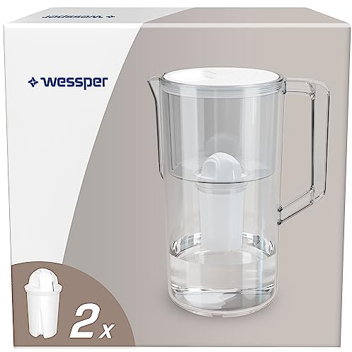 Wessper Caraffa filtrante acqua 2,8 L Aqua Classic Basic, set caraffa e 2 filtri compatibile con Brita Classic, sistema di filtraggio riduzione calcare, cloro - Bianco