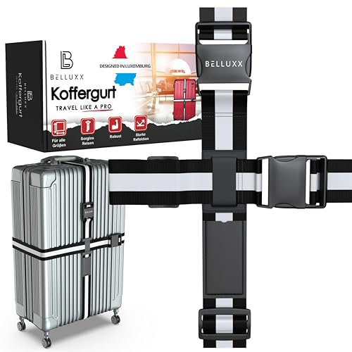 BELLUXX® Premium Koffergurt - Besonders Reflektierendes Kofferband Mit Kreuzverbindung für Sorgenloses Reisen, Geschäftsleute und Familie - Zuverlässiges Gurt