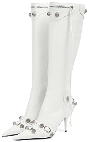 Dsevht Stiletto Black Knee High Boots for Women Sexy Pointed Toe Rivets Tassel Fashion Studded High Heel Tall Long Boot Zipper