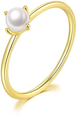 QUSIIOSLK Pearl Ring for Women - Mini Inlaid Thin Plain Eternity Band, Handpick Freshwater Cultured Pearl, Stackable Wedding Engagement Ring, Size 5-10 9
