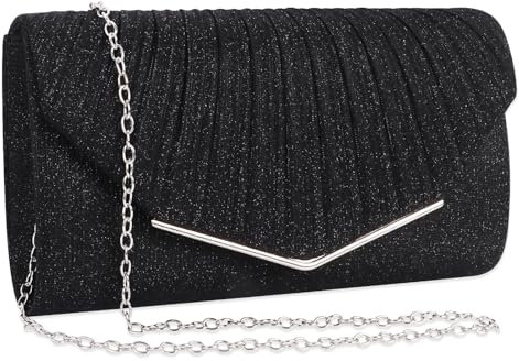 Minicloss Damen Abendtasche Schwarz Clutch Damen Brauttasche Kettentasche Elegant Damen Satin Clutch Funkelnde Kettenabendtasche Elegante Umschlagtasche für Ball Hochzeit Party und Hochzeit
