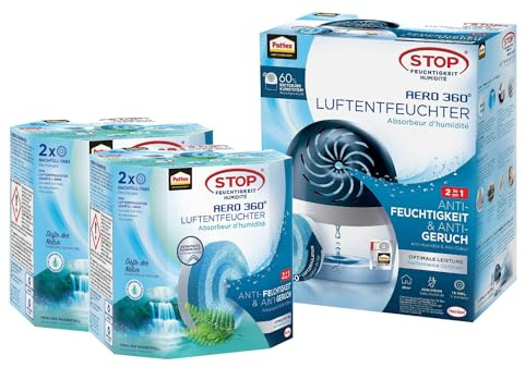 Pattex AERO 360º Luftentfeuchter, nachfüllbarer Raumentfeuchter, 1 Gerät inkl. 1 Nachfülltab (450g) & Pattex AERO 360° Frischer Wasserfall Tabs Nachfüllpack, 2x(2x450g)