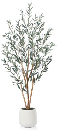 SOGUYI Plantas Artificiales Olivo, Planta Artificial de Seda Grande de 180 cm para decoración Interior del hogar, Plantas Artificiales en Maceta Blanca con Musgo Artificial, Juego de 1