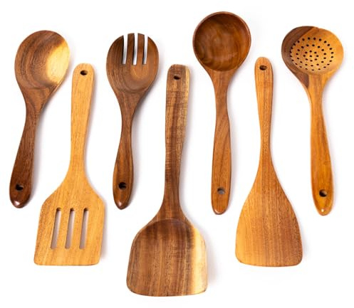 Juego de 7 utensilios de cocina para cocinar de 30 cm, hechos de madera de acacia sostenible de alta calidad, incluye cucharas para servir, juego de espátulas, cucharón, antiarañazos, resistente al