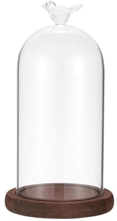 PATIKIL 3.3x7.9 Glass Display Dome Cloche, Decorative Display Bell Jar with Bird Shape Top and Wooden Base for Plants Collectible Figure Candles, Ancient Color