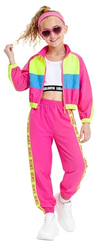 LOLANTA Conjunto de 3 piezas de ropa de hip hop para niñas, chándal retro de los años 80, camiseta sin mangas corta, chaqueta con cremallera y pantalones deportivos, rosa brillante, 10-11 años, 150