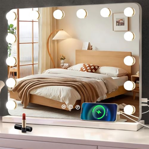 baklon Sminkspegel med belysning, Hollywood-spegel med 14 LED-lampor, dimbar, sminkspegel, 3 lägen, 50 x 40 cm, vanity-spegel, bordsspegel med USB 10 x förstoring för sovrum, sminkbord