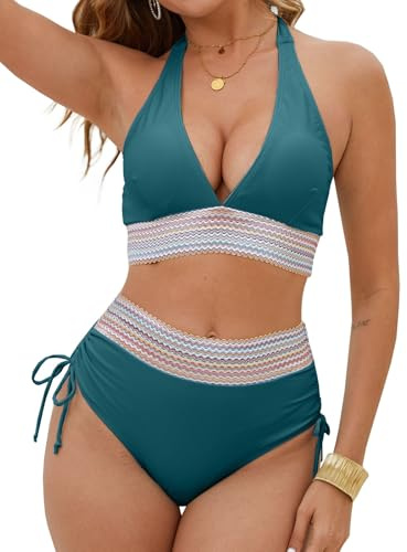 Yutdeng Bikiniset dam push up badkläder 2 delar hög midja bikini set sexig dam baddräkt magkontroll badkläder halter bikini v-hals trosor plisserad dragsko strand, Mörkgrön, S