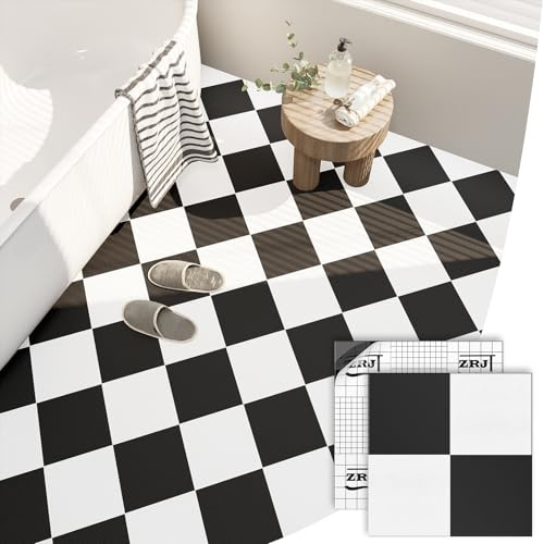ZRJT Peel and Stick Floor Tile 30-Pcs Cover 30 Sq.Ft, Vinyl Flooring Tiles 12” x 12” Matte Self Adhesive Flooring Stickers Waterproof Removable for Renter, Bathroom Living Room, Pure Black&White