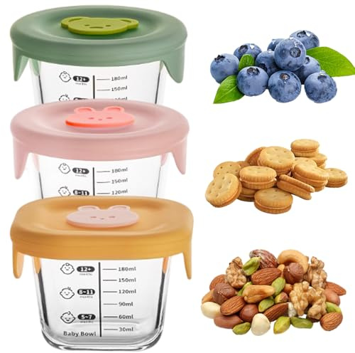 3pcs Conteneurs d'aliments pour bébés 230 ml Round et carré en verre non toxique pots d'aliments pour bébé avec couvercle et échelle en silicone -20-400 ℃ Résistants de stockage micro-ondes pour le l