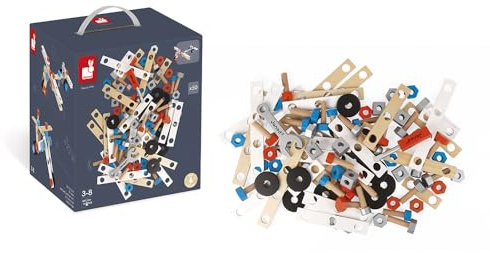 Janod - Brico'Kids Barile Bricolage 50 Pezzi (Legno), Costruzioni in Legno e Gioco di Imitazione, 5 Modelli Inclusi, per Sviluppare la Motricità Fine e la creatività - da 3 Anni in su, J06480