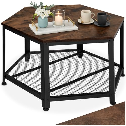 tectake® ausgefallener Couchtisch Holz und Metall, Wohnzimmertisch mit Stauraum, Beistelltisch Couch sechseckig, 86,5 x 75 x 46,5 cm, Coffee Table, Möbel - Industrial Holz dunkel, rustikal