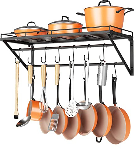 OROPY 31 Inch Wall Mounted Pot Rack Storage Shelf with 2 Tier Hanging Rails 14 S Hooks included, Ideal for Pans, Utensils, Cookware - Black