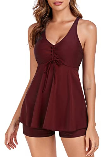 FLYILY Femme Maillot De Bain Deux Pièce Tankini Imprimé Floral 2 Pieces Tankini Push Up Contrôle du Ventre avec Boyshort(WineRed,XL)
