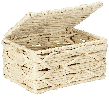 Wenko Badbox Vabriano-Cesta de Almacenamiento de Papel Trenzado con Tapa para baño y Oficina, 19 x 10 x 14 cm, Estilo Bohemio, Color Beige, Metal Lacado