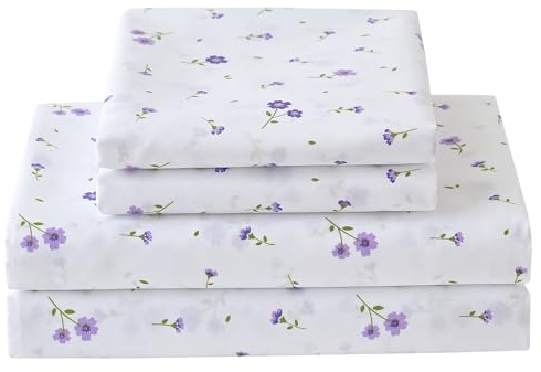 Softan Floral Queen Sheet Set Purple Flower Bed Sheets Printed Queen Size - 4 Piece Microfiber Patterned Fitted Sheets with 15 Deep Pocket, Spring Flower Sheets and Pillowcase Set
