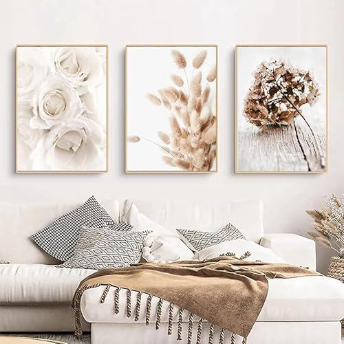 Pintura de arte moderno, estilo bohemio, flor beige de plantas, cartel decorativo natural, impresión en pared sin marco (A 6,40 x 60 cm)