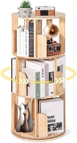 YGYQZ Rotating Bookshelf, 3 Tier Pine Wood Floor Standing Bookcase 360 Display Narrow Book Shelf Organizer Storage Rack for Bedroom, Living Room, Study Room