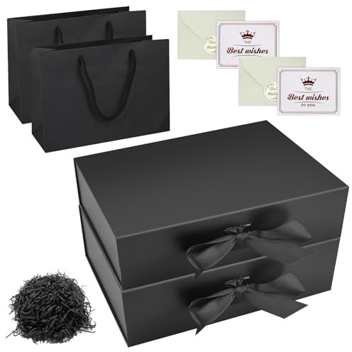 2Pack Black Gift Box with Lids, Luxury Magnetic Present Box with Totebag 2Cards Envelopes Confetti, Flat Pack Presentation Boxes for Birthday Wedding, 22 * 16.5 * 8.8 cm