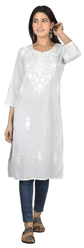 Vrnda Kurti en Coton Blanc pour Femme – Broderie Chikankari Florale Faite Main, Coupe Droite, Longueur Genou, Style Kurta Indien
