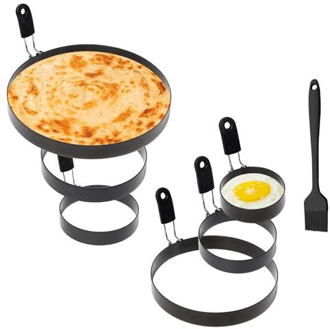 Pilikoll 6pcs Stampo per Uova in Acciaio Inox Stampi ad Anello per Arrosti con Manico Pieghevole Anelli per Uova in Acciaio Inossidabile per Omelette per Uova,Frittelle,Muffin(7.5/9/10/12/15/20cm)