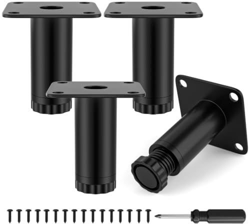 AMOJA Lot de 4 Pieds de Meuble Réglables 6 cm, Pieds de Support en Métal, Fixation Solide pour Table, Chaise, Bureau, Cuisine, Armoire, Canapé, Accessoire pour Meubles DIY