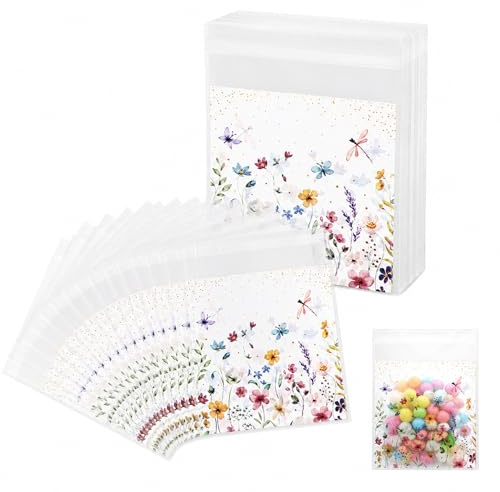 RhiVrillion 100 Bolsitas Plástico Pequeñas con Motivo Floral – Transparentes Autoadhesivas – Bolsas para Chuches y Regalos – Ideales para Cumpleaños Infantil, Boda, Candy Bar