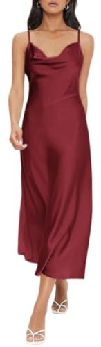 LIUYUYOUGO Vestido Mujer Vestido Midi De Satén De Verano para Mujer Elegante Y Formal con Cuello Drapeado Tirantes Finos Sin Mangas De Seda Satinada Vestidos Largos Lenceros para Mujer Atuendo para