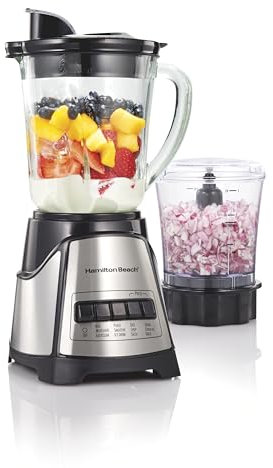 Hamilton Beach Power Elite Blender for Smoothies with 3-Cup Vegetable Chopper, Mini Food Processor, 40oz Glass Jar, 12 Functions for Puree, Ice Crush, Black (58149)