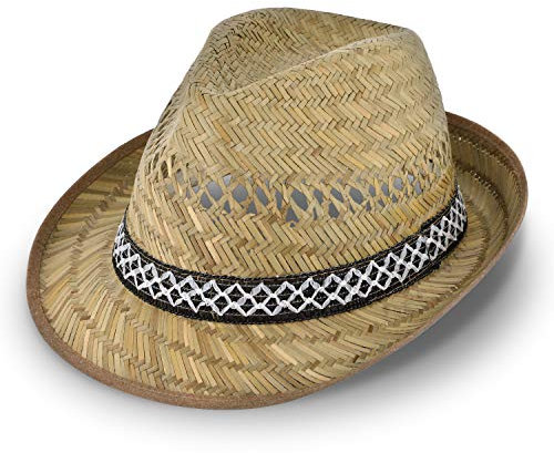 Erntehelfer Strohhut (Sonnenschutz) für Damen und Herren, cooler und modischer Sonnenhut im Trilby Look für den Sommer am Strand oder im Urlaub, verschiedene Größen, Farbe natur, Gr: 58 cm