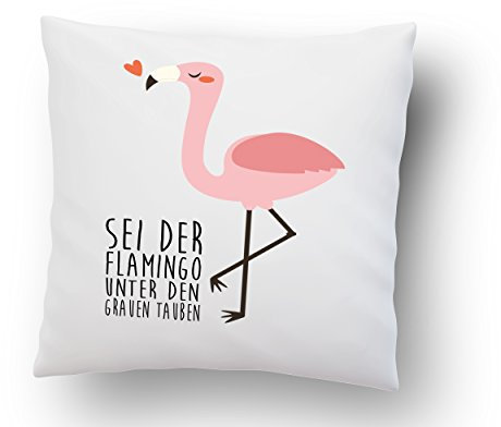 Kissen mit Spruch: ''Sei der Flamingo unter den grauen Tauben'' - 40cm x 40cm - Kissen inkl. Füllung - Deko Kissen - hochwertige Qualität - Made in Germany - weiß - Flamingo - Pink - Federn