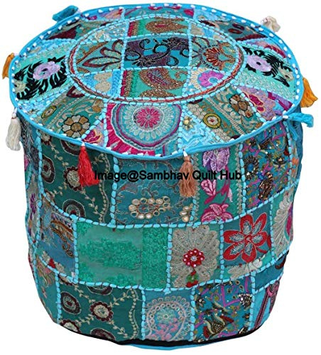 Funda de algodón tradicional india con bordado de múltiples parches, estilo vintage y cojín para el suelo, puf bohemio bordado a mano hecho a mano (turquioso, 14 x 22 pulgadas)