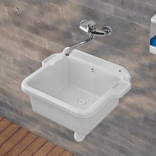 Pilozzo Lavatoio in Resina, 58x45 cm Bianco, con Portasapone, Ideale per Installazione a Muro
