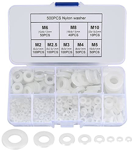 Newoutset 500 Pcs White Plastic Washers, M2-M10, for Faucet & Repair | Round plastic flat O-ring washer assortment, faucet gaskets for pipes and mechanical repairs, nylon washers, white