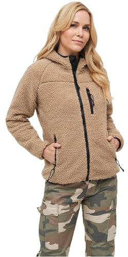 Brandit TEDDYFLEECE JACKE MIT KAPUZE DAMEN WINTERJACKE JAGD OUTDOOR FLEECEJACKE, Größe:L, Farbe:Coyote