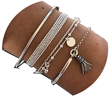 Jovono Armband-Set mit mehrlagigen Quasten, silberfarbene Pailletten, Party-Handketten, Strandmünze, verstellbarer Handschmuck für Damen und Mädchen (4 Stück)