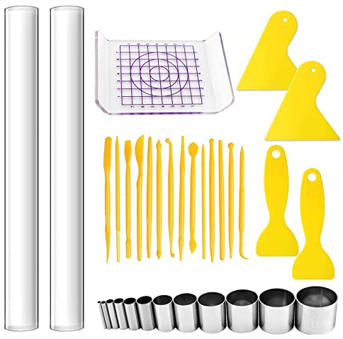 Allazone 33 Stück Polymer Clay Tools Set Modellierwerkzeug Set, Acryl Ton Roller mit Acrylplatten Trägerplatte Kunststoff Gravurstift Schaber für DIY Ton Handwerk Machen