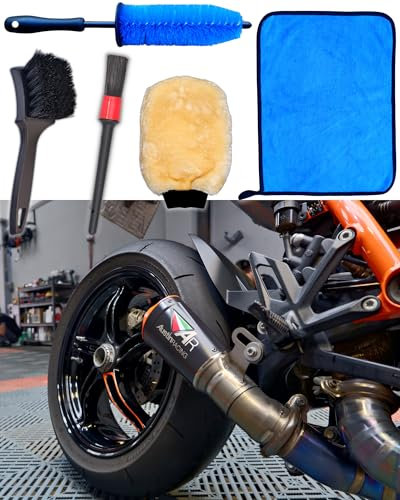 Motorcykel rengöringsborste kit 5-pack, enkel räckvidd borste, ulltvättvante styv däckborste, detaljborste och mikrofiberhandduk för motorcykel stänkskydd, fälgar, färg, avgaser, ramdetalj