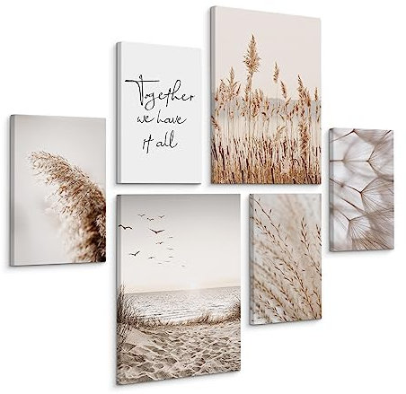 Muralo - Wandbilder Set - Leinwand Bilder Aufhängefertig in Boho Stil - das Leinwandbilder - Bilder für Wohnzimmer - Modernes Boho - Beige - 2 Bilder 30 x 40 cm und 4 Bilder 20 x 30 cm