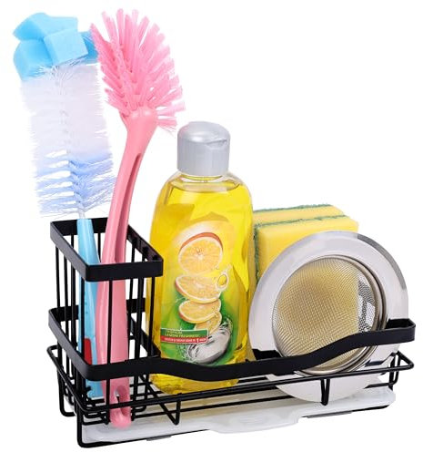 BELLE VOUS Black Iron Kitchen Sink Organiser Caddy - Rustproof Dish Cloth Hanger and Sponge Holder Drip Tray - Quick-Drying Washing Up Accessory Rack for Kitchen/Bathroom Counter