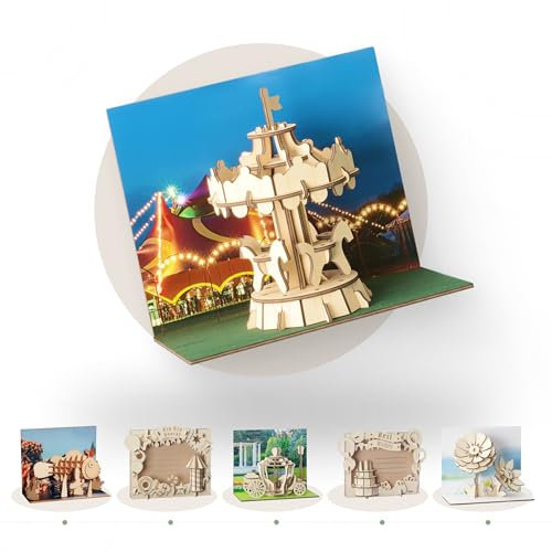 WoodyPost 3D Postkarte Happy Carousel | Puzzle aus Holz mit Umschlag | zum selber basteln | Geburtstag | Glückwunschkarte | Geldgeschenk | Gutscheinkarte | Nachhaltige Karte