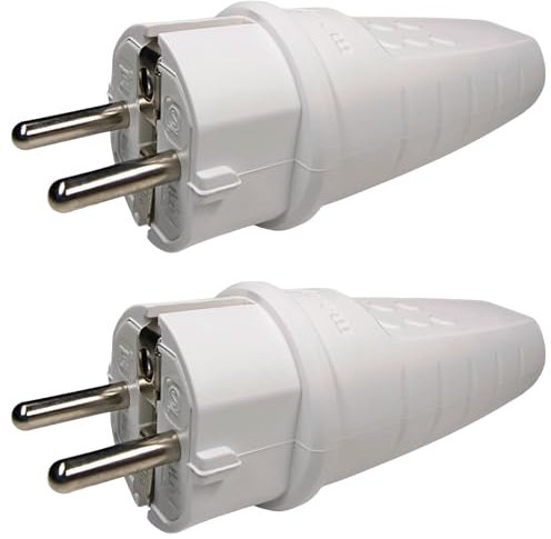 Spina in Gomma, Spina 230V, 16A, IP44, Spina Antirottura, Spina Impermeabile, Spina Schuko con Contatto di Terra, Spina Schuko, Spina con Contatto di Terra con Pressacavo, 2 Pezzi (Bianco)
