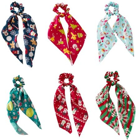 BRTNUP Lot de 6 chouchous élastiques à cheveux de Noël avec nœud pour queue de cheval - Pour femmes et filles - Cheveux épais et bouclés