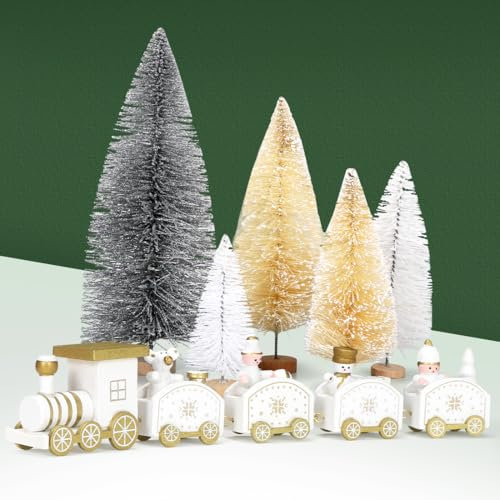 Cadimus Trenino Legno Natalizio，6pcs Mini Trenini Natale，Mini Alberi di Natale，Decorazione da Tavola per le Feste di Natale，Albero di Natale Regalo di Capodanno