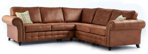 Oakland Large 5 Seater Corner Sofa | Brown Leather Corner Sofa | Tan Chesterfield Style Couch | High Back Upholstered Sofa Set | Country Style Living Room Furniture | Luxury Corner Settee UK