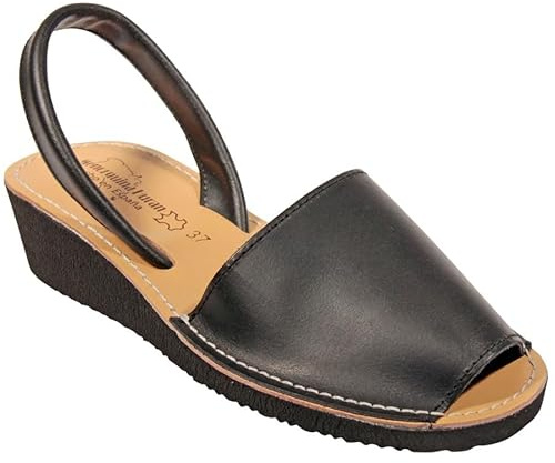 HECHO EN ESPAÑA Sandalias Ibicencas, Menorquinas de Piel con Cuña, 4 cm de Altura, Ibicencas de Verano, Cuero, Suela Ligera (NEGRO CUÑA, Sistema tallas calzado EU, Adulto, Números, mediano, 39)
