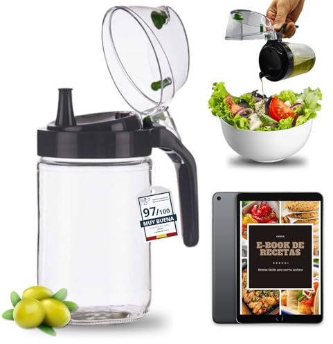 CAVECA Aceitera de Cristal Antigoteo para Cocina de 660ml con Mango Ergonómico y Tapa Antifuga + REGALO, Aceitera Moderna de Vidrio 100% Reciclado y Fabricada en España, Dispensador de Aceite Cocina.